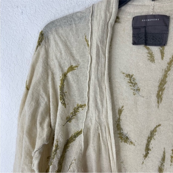 Anthropologie thin knit ecru gold metallic feather print open cardigan sweater M - Picture 3 of 11
